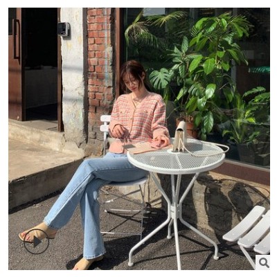 韓國chic減齡復古彩色格子單排扣寬松針織開衫小香風毛衣外套女潮