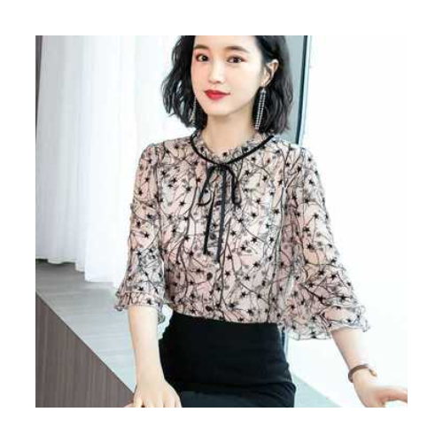 雪紡衫襯衫女2021春夏新款木耳領(lǐng)時尚碎花喇叭袖小衫優(yōu)雅打底衫女