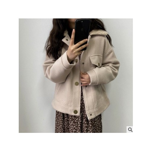 滔川芷蓯夕~夾棉2019冬季新款純色寬松羊羔毛長袖外套棉服女08079