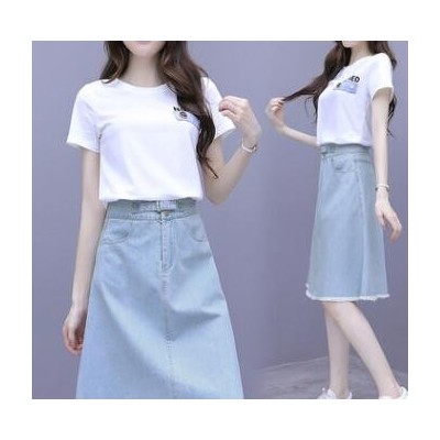 連衣裙女夏小清新套裝裙子2021新款洋氣減齡高腰牛仔半身裙兩件套