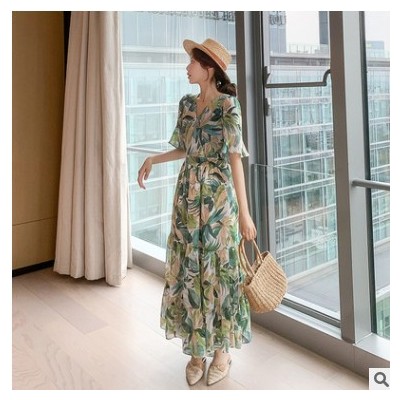 2021新款仙女超仙森系收腰顯瘦法式初戀復古雪紡碎花連衣裙子女夏