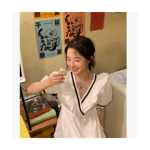 純色連衣裙2021年新款夏韓版女裝法式氣質復古裙泡泡袖V領仙女裙