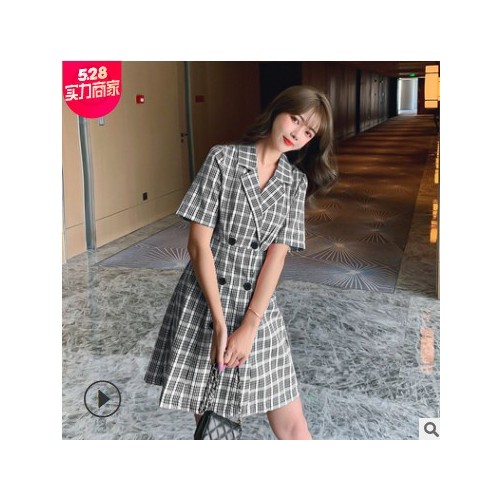 2021夏季新款小清新雙排扣收腰顯瘦西裝領格子氣質短袖連衣裙女