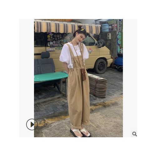 背帶褲工裝高腰顯瘦抽繩小個子夏季韓版2021新款闊腿鹽系長褲子女