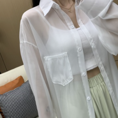 2021夏季新款設計感小眾長袖白色襯衫女時尚防曬開衫薄款雪紡上衣