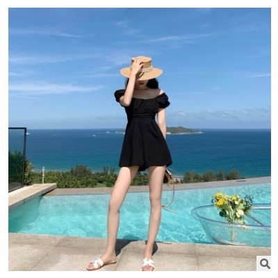 短袖一字領露肩連體褲高腰小個子連衣闊腿A字短褲裙套裝女INS夏季