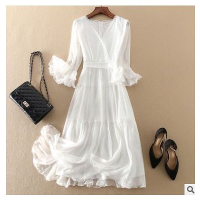 新增顏色08008新款夏女裝高檔桑蠶絲純色優雅連衣裙淑女真絲長裙