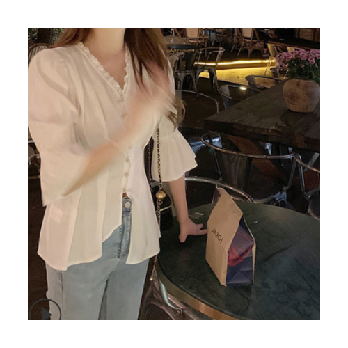 襯衫女夏薄款2021韓版新款新款喇叭袖法式收腰小衫設(shè)計(jì)感別致上衣
