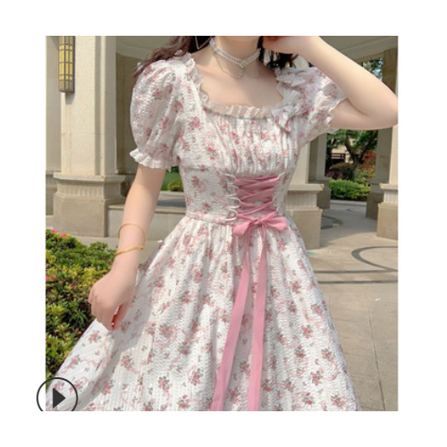 人間水蜜桃法式公主裙收腰長(zhǎng)款碎花連衣裙2021新款夏季韓版裙子潮