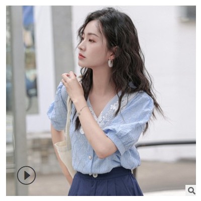 2021夏新款法式娃娃領(lǐng)小眾設(shè)計感短袖雪紡衫女泡泡袖學(xué)院風(fēng)襯衫女