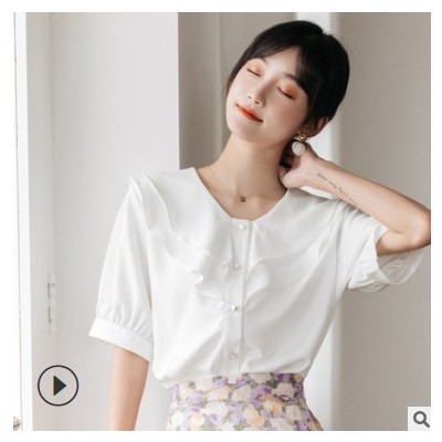 2021新款韓版氣質顯瘦純色荷葉邊雙層單釘珠短袖雪紡衫女夏季