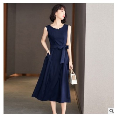 2021夏新款純色無袖連衣裙女裝系腰帶百搭修身顯瘦裙子女一件代發