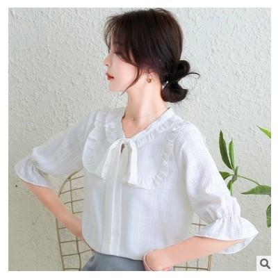 雪紡衫女短袖夏季2021年新款蝴蝶結上衣服設計感小眾時尚襯衫