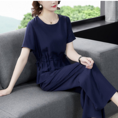 時(shí)尚休閑套裝女夏薄款2021新款純色女套裝圓領(lǐng)上衣九分褲媽媽裝棉