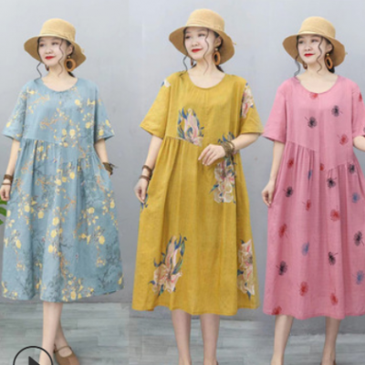 輕熟通勤大碼女裝棉麻連衣裙夏季寬松a字裙旅游民族風(fēng)復(fù)古花裙子