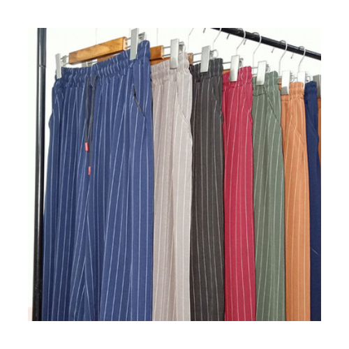 日式純色休閑闊腿褲女高腰垂感夏季薄款九分褲直筒寬松條紋冰絲褲