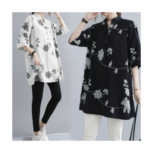 中國風大碼女裝棉麻上衣印花T恤衫女長款立領扣子款寬松文藝復古