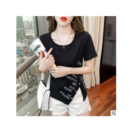外貿(mào)批發(fā)純棉修身短袖t恤女顯瘦百搭夏季女裝設(shè)計(jì)感開叉ins潮上衣