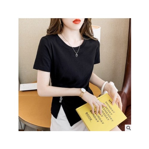 外貿(mào)批發(fā)褶皺修身顯瘦短袖t恤女一件代發(fā)夏季大碼女裝新款ins上衣
