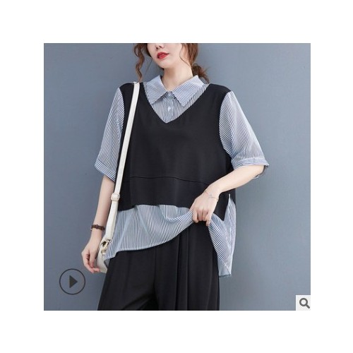 2021年夏季新款大碼胖妹妹女裝時尚假兩件撞色短袖顯瘦上衣襯衫女