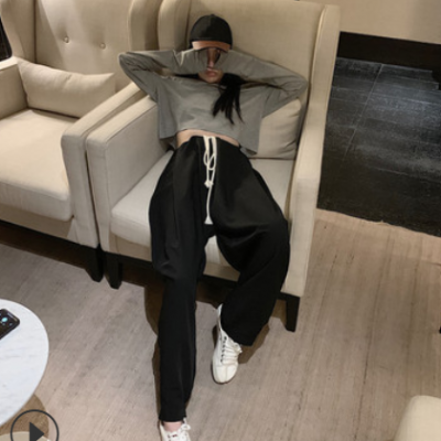 ~春季新款神褲飄逸垂墜顯瘦掉襠抽繩運動褲蘿卜褲寬腿褲懶人褲女