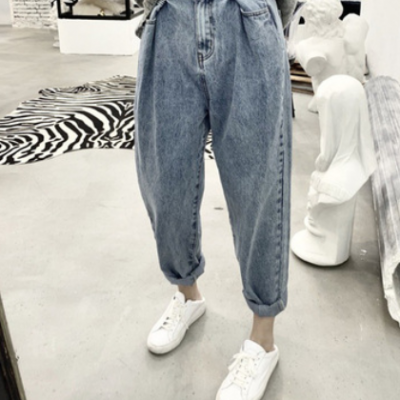 【寧德】21春季新品 韓版多口袋高腰寬松磨白水洗牛仔闊腿卷邊褲