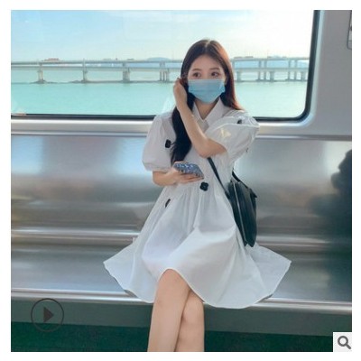 工廠直供2021夏季新款時(shí)尚休閑韓版減齡花朵泡泡袖裙子女連衣短裙