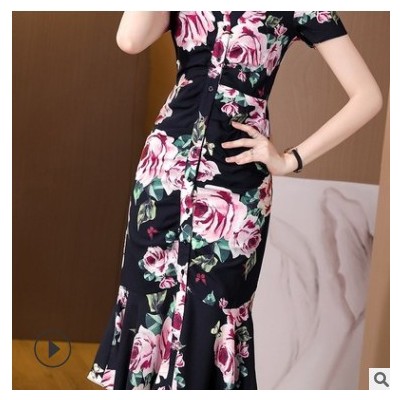 雙縐絲連衣裙女夏季2021年輕款重磅桑蠶絲印花V領(lǐng)包臀魚尾裙