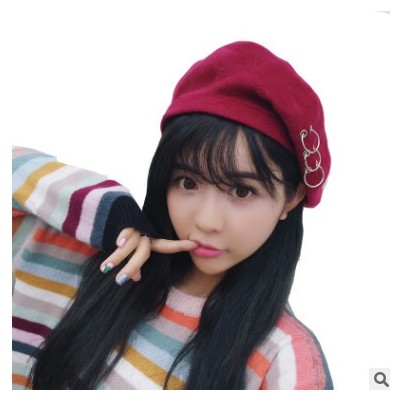 原宿個性圓鐵環羊毛呢畫家帽蓓蕾帽子韓版復古貝雷燒餅帽潮秋冬女