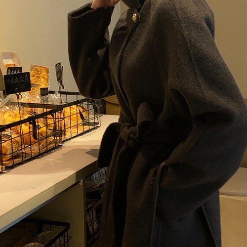 2023秋冬新款韓版時尚通勤立領收腰中長款毛呢外套雙面羊毛大衣女