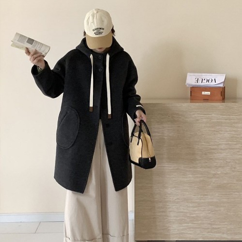 韓系寬松小個子繭型休閑連帽雙面羊毛大衣秋冬單排扣中長款外套女