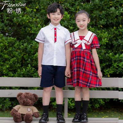 粉繡夏季幼兒園園服夏裝格子學院風校服套裝小學生班服畢業照服裝
