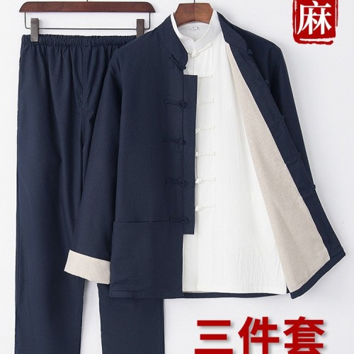 中國風(fēng)春秋款唐裝男青年復(fù)古男裝棉麻套裝兩件套男士盤扣一整套