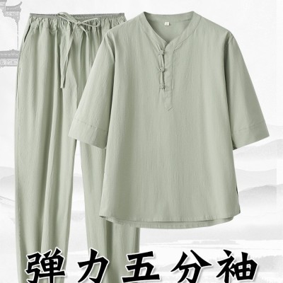 唐裝男款夏季彈力棉麻V領(lǐng)薄款中袖T恤衫束腳褲套裝古風(fēng)盤扣五分袖