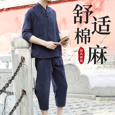 唐裝男青年中國風(fēng)棉麻套裝男漢服古風(fēng)男裝古裝夏裝七分袖中袖男裝