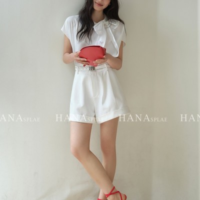 HANNA 含那高腰短褲女夏季新款褶皺獨特卷邊設計夏日時髦感H7310