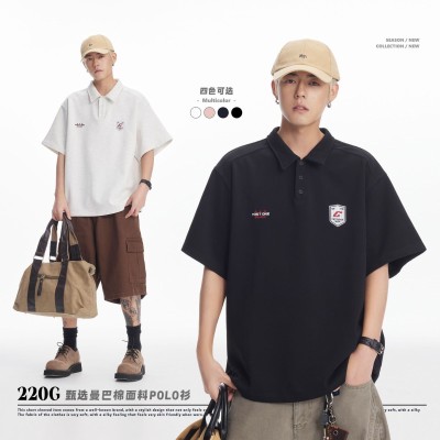 220G曼巴棉復(fù)古美式短袖POLO衫男夏季寬松翻領(lǐng)短袖男T恤情侶半袖