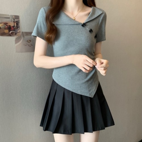 甜辣妹蝴蝶結翻領短袖T恤女夏季大碼胖mm修身顯瘦不規(guī)則褶皺上衣