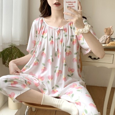夏季人棉綢女睡衣短袖七分褲套裝清新田園風(fēng)圓領(lǐng)品質(zhì)家居服經(jīng)典款