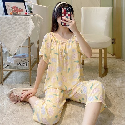2025夏季人棉綢女睡衣短袖七分褲套裝清新田園風(fēng)品質(zhì)家居服走量款