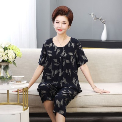 2025新款中老年睡衣夏人棉綢女士短袖七分褲圓領(lǐng)套裝人造棉媽媽款