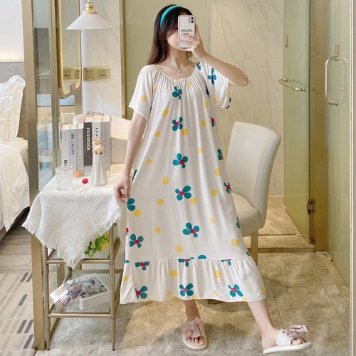 新款春夏女士睡裙全人棉棉綢短袖胖妹妹裙子大方圓領花朵性感長裙