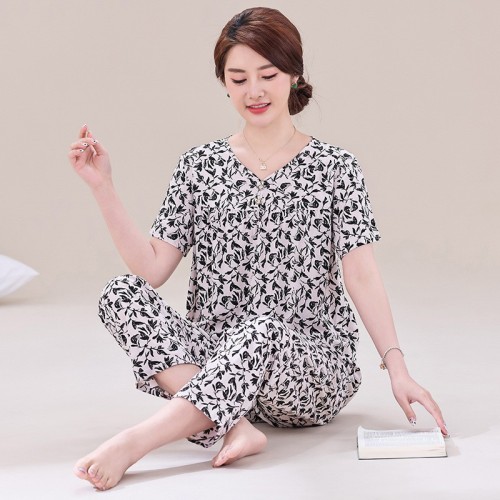媽媽睡衣女士棉綢短袖長褲套裝家居服有褲兜褲袋中老年款睡衣加大