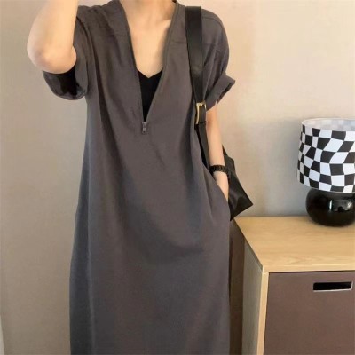 復(fù)古赫本風(fēng)拉鏈連衣裙女裝夏季大碼胖mm寬松大碼200斤純色長裙子