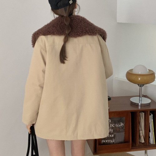 楊冪同款美式仿羊羔毛工裝女士派克服女冬季設計感加絨加厚棉服