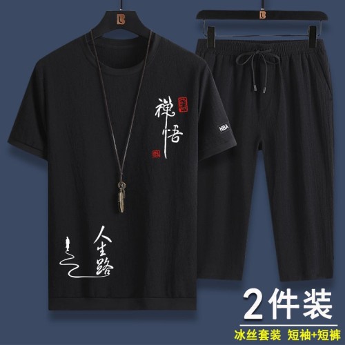 冰絲套裝男休閑運動套裝寬松大碼夏季潮流短袖七分褲時尚兩件套潮