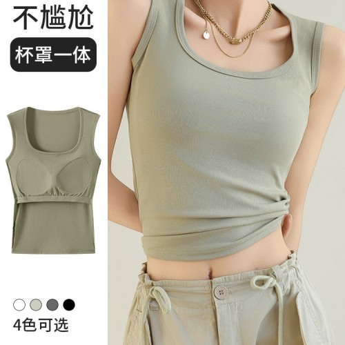 H549純棉u領吊帶背心女夏季內搭遮副乳美背外穿帶胸墊打底上衣女