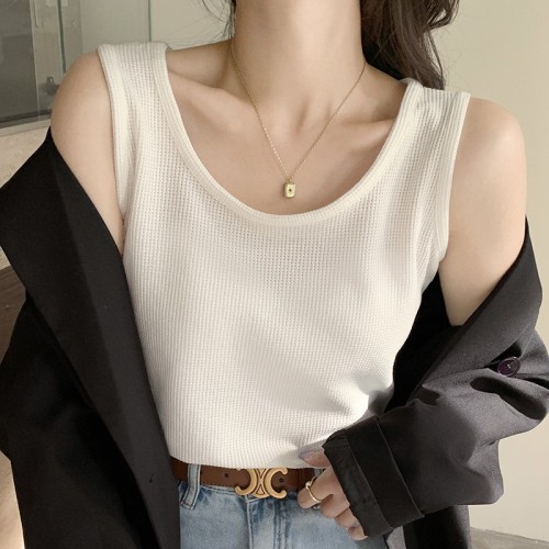 H309白色吊帶背心女士夏寬松黑色內搭打底外穿華夫格無袖百搭上衣