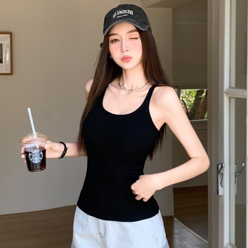 H136吊帶背心女夏季辣妹美式性感修身顯瘦無袖U領帶胸墊內搭上衣